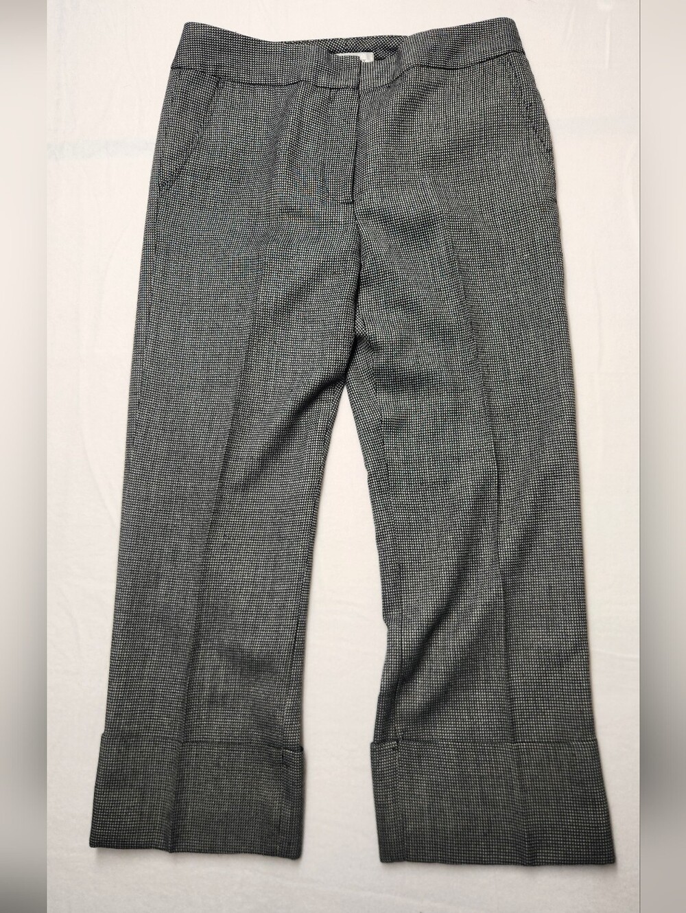 WD.NY Black White Houndstooth Wide Leg Cuffed Pleated Dress Pants Trousers Sz 8